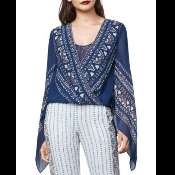 BCBGMAXAZRIA Kasia Handkerchief-sleeve Silk Chiffon Wrap Top Stormy Blue Combo - Picture 1 of 6